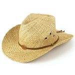 Straw cowboy hat with leather band detail and three horses badge. Natural