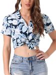 Allegra K Women's Hawaiian Floral Leaves Printed Shirt Short Sleeve Button Down Vintage Beach Top Blouse Deep Blue M