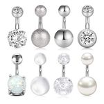 AceFun 8PCS 14G Belly Button Rings Navel Barbell 6mm Short Belly Rings Banana Barbell Body Jewelry Piercing 8 Style Silver Pack