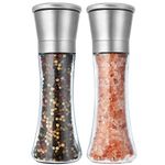 Elegant Pepper and Salt Grinder Set of 2, Best Spice Mill with Brushed Stainless Steel Cap, Ceramic Blades, Adjustable Coarseness, and Refillable Tall Glass Body with 6OZ Capacity (7.5").