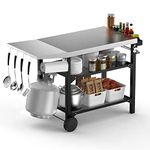 Onlyfire BBQ Trolley Food Prep Table Stainless Steel, Flattop Worktable with Side Table, Two-Layer Steel Basket and Utensil Holder