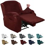 XINEAGE 4 Pieces Velvet Recliner Slipcover Stretch Recliner Chair Cover with Side Pocket Anti-Slip Fitted Recliner Cover Couch Furniture Protector with Elastic Bottom (Recliner, Wine Red)