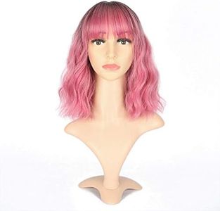 VCKOVCKO Ombre Color Natural Wavy Bob Wig With Air Bangs Short Bob Wigs Women's Shoulder Length Wigs Curly Wavy Synthetic for Girls Colorful Wigs(12",Black to Pink Purple)