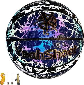 YeahShoot Holographic Basketball Size 7 (29.5in) Reflective Glowing Leather Basketball for Adults and Youth Basketballs Gifts (Black and Blue)