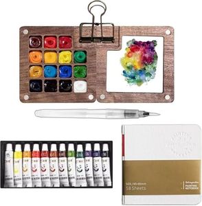 Mini Watercolor Travel Set with 15-Well Wood Palette and Sketchbook