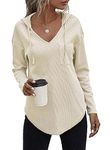 RIROW 2023 Hoodies for Women Pullover Waffle Long Sleeve Womens Tops Fall V Neck Sweatshirt Pocket Cream S