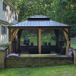 PURPLE LEAF 10' X 12' Permanent Outdoor Hardtop Gazebo Aluminum Frame Patio Gazebo with Galvanized Steel Double Tier Roof for Patio Lawn and Deck, Nettings and Curtains Included, Brown