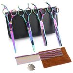 Professional Dog Grooming Scissors Set 5 PCS Pet Grooming Kit with 7" Straight & Curved & Chunkers Shears & 6.5" Thinning Scissors and Comb for Dogs Cat Pet - Japanese Premium Stainless Steel