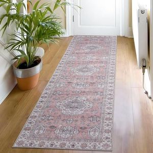 Taleta ALU Washable Hallway Runner Rug Pink Runner 80 x 300 cm Non-Slip Carpet Runners Soft Low Pile Kitchen Runner Rugs Long Vintage Runner Rugs for Hallway Entrance Living Room