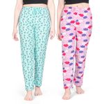 Real Basics Women's Cotton Printed Pyjama Pack of 2(RB-W-PJ-L-P2-S2(Chopstick+Sky) MulticolorL)