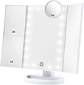 HAMSWAN Makeup Mirror Vanity Mirror with Lights, 1X 2X 3X 10X Magnifying, Lighted Makeup Mirror, Touch Control, Dual Power Supply, Portable LED Makeup Mirror, Women Gift (White+10X)
