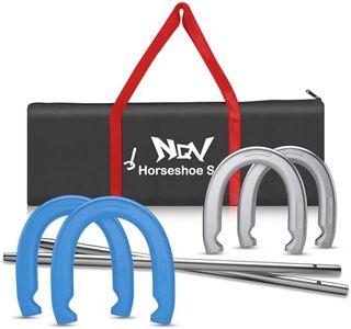 NQV Horseshoe Outside Game,Horse Shoe Game Kit,Horseshoes Outdoor Game Set for Lawn, Beach, Backyard, Includes 4 Steel Horseshoes, 2 (24") Metal Stakes & Carry Bag (Blue & Silver)