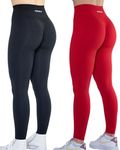 AUROLA Workout Leggings for Women Seamless Scrunch Tights Tummy Control Gym Fitness Girl Sport Active Yoga Pants, Set (Black+fiery Red), Small