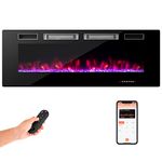 COSTWAY 50-Inch Wide Electric Fireplace, 3.19-Inch Deep Ultra-Thin Wall-Mounted and Recessed Fireplace Heater, Decorative Crystal Included, 12 Flame Color, Remote Control and Smart APP Control, 1500W