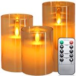 Lezonic Amber Flickering Flameless Candles Battery Operated with Remote and Timer, Glass Real Wax LED Pillar Candles for Fall Halloween Christmas, Pack of 3 (D 3”×H 4”5”6”)