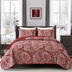 Red Paisley Quilt Set King Size Boho Quilt Bedspread Set 3 Pieces, Soft Lightweight Microfiber Coverlet Set Paisley Floral Pattern Bedding for All Season, 104''x90''