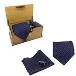 Luxeis Men Premium cotton silk Neck Tie and Pocket Square with Cufflink Combo Gift Set in wooden Box(Navy Blue, Free Size)