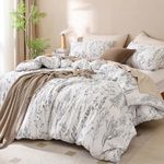 JANZAA White Duvet Cover Queen 3 Pieces Floral Bedding Covers with Black Botanical Patterns Soft Microfiber Bed Set with Zipper Closure 4 Ties (2 Pillow Cases)