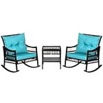 Outsunny 3 Pieces Outdoor PE Rattan Rocking Chair Set, Patio Wicker Rocker Chair Bistro Set with Padded Cushions and Storage, for Garden Backyard Porch, Turquoise Green