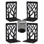 Aifanss Metal Bookends for Shelves, 4 Pcs Heavy Duty Tree Decorative Book Ends for Heavy Books with 1 Pencil Holder, Black Bookends Supports Non Skid Book Stand for Home Office School Library