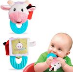 Wristy Buddy Teething Ring for Babies 0-6 8 10 12 Months | Cute Soft Cow Teething Toys & Gloves | Baby Teething Relief Toy Pack | Infant Chew Toys for 3-6 Months, 1 2 3 Years