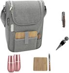 Insulated Travel Wine Tote Bag: Portable 2 Bottle Wine and Cheese Waterproof Black Canvas Carrier Bag Set with Picnic Backpack Kit - Wine Opener Wine Stopper Wooden Cheese Board and Knife Included