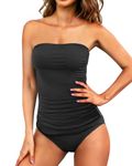 Aqua Eve Bandeau Swimsuits for Women Two Piece Bathing Suits Ruched Tummy Control Tankini Sets Strapless Swimwear, Black, Large