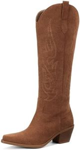 Pasuot Western Cowboy Boots for Women - Knee High Wide Calf Cowgirl Boots, Slip On Pointed Toe Chunky Heel Fashion Retro Classic Pull On Tall Boot for ladies Party concert Dark Brown Suede US 5
