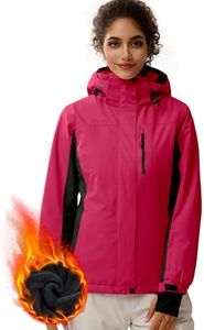 FREE SOLDIER Women's Waterproof Ski Snow Jacket Fleece Lined Warm Winter Rain Jacket with Hood Fully Taped Seams(Rose Red,XL)