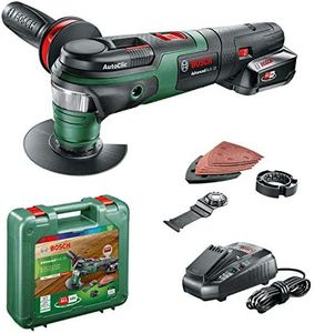 Bosch AdvancedMulti 18 - Multiherramienta a batería con maletín (1 batería 18V, cargador, plato lijador delta, set de hojas de lija, 2x hojas de sierra, empuñadura adicional, Sistema 18 V, 2,5 Ah)