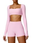 ABOCIW Workout Sets for Women 2 Piece Square Neck Long Sleeve Crop Tops High Waist Biker Shorts Gym Sets, Pink, Large
