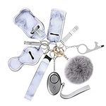 Flymind Safe Keychain Set for Girls with Personal Safety Alarm, Hand Sanitizer Holder, Whistle and Pom