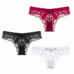 Women’s Sexy Lace Panties Bowknot Thongs Ladies Underwear Cheeky Tanga Low Rise Floral Lace Knicker See Through Hipster Bikini Briefs G-String (UK, Alpha, L, Regular, Regular, Black+White+Burgundy)