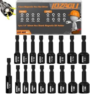 LOZAGU 17PCS Magnetic Nut Driver Set | SAE and Metric | Premium Impact Power Hex Nut Driver Drill Bit Master Kit | 1/4 Inch Hex Shank | Cr-V Steel (17PCS Magnetic Nut Driver (Short))