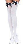 18MM Ladies Womens Opaque Over Knee Long Stockings with Satin Bows (White/Black)(Size: Fit: 150cm -175cm)