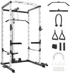 GarveeLife Power Cage with LAT Pulldown, Multi-Functional Power Rack with Cable Pulley System and J-Hooks, Squat Rack with Dip Bars and Landmine Attachment, Weight Cage for Home Gym Equipment, White