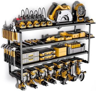 Spampur Power Tool Organizer with Charging Station, 8 Drill Holder Wall Mount, 4 Layer Storage Rack for Garage storage, Heavy Duty Utility Racks, Tool Battery Shelf with 6 Outlet Power Strip