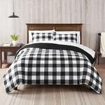 SERTA Simply Clean Alex Soft 7 Piece Buffalo Check Plaid Bed in A Bag Complete Bedding Comforter Set with Sheets and Pillow Cases for All Season, Full, Black/White