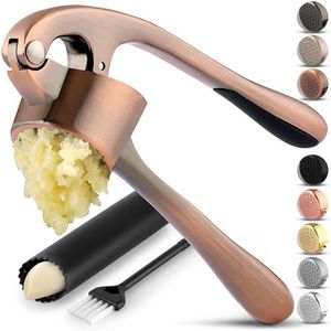 Zulay Kitchen Large Premium Garlic Press Set - Bigger Bowl for Bigger Garlic - Rust Proof & Dishwasher Safe Garlic Mincer Tool - Easy-Squeeze, Easy-Clean Silicone Garlic Peeler & Brush (Copper)
