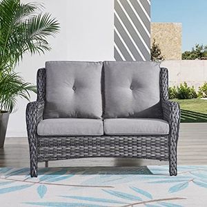 HUMMUH Outdoor Loveseat Sofa 2-Seat PE Rattan Patio Love Seat with Cushions,Deep Seat High Curved Back Armset Sectional Couch for Patio,Garden,Yard,Porch