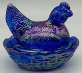 Covered Chicken Dish - 3" - 2 Piece Glass Hen - American Made - Mosser Glass USA (Cobalt Blue Carnival)