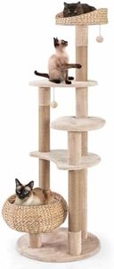 Costway Cat Tree, 164cm Cattail Cat Tower w/Jute Scratching Posts, Basket Bed, Dangling Balls, Washable Cushions, 6-Layer Cat Activity Center, Climbing Furniture for Indoor Kittens & Adult Cats