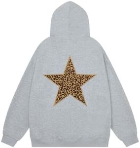 Aelfric Eden Hoodies Leopard Print Star Hoodie Graphic Hooded Pullover Sweatshirt Streetwear Trendy Tops Outfits Grey Large