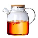 Glass Teapot, Stovetop & Microwave Safe Glass Borosilicate Teapot, Glass Teapot with Strainer, Glass Pot with Wooden Lid, Loose Leaf and Fruit Tea and Fragrant Tea,60.8oz/1800ml (Wooden Lid)