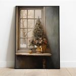 Rustic Christmas Tree Art Framed, Still Life Painting Xmas Posters Xmas Decor Tree Folk Art Christmas Gallery Wall Print Set (A4 Size: 8.3 X 11.7 Inches)