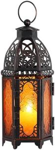 DECORKEY Moroccan Lanterns Decorative Indoor & Outdoor, 11’’ Medium Size Vintage Metal Hanging&Tabletop Candle Holder Decor, Halloween Christmas Ramadan Decorations for Home Porch Patio (Amber)