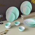 The Earth Store Handcrafted Tritone Green Matte 12 Piece Ceramic Dinner Set, 4 Full Dinner Plates, 4 Quarter Plates, 4 Vegetable Bowls | Microwave & Dishwasher Safe | Ceramic Plate | Katori