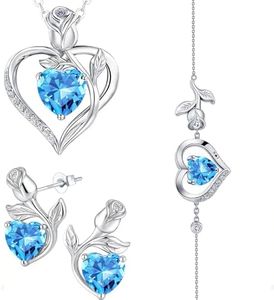 JACUPO Rose Heart Necklace Earrings Bracelet Set Moissanite/Lab-Grown Sapphire/Ruby Options S925 Silver Plated 18K White Gold Engraved I LOVE YOU Ideal for Mother's Day Proposal Gift for Girlfriend Wife (Necklace 1.2CT / Earrings 0.8CT) (Light Blue Silver 3Pcs Set)
