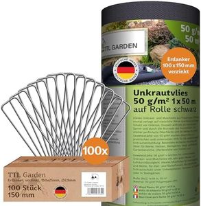 TTL Garden 50g/m² Unkrautvlies 50m² 1x50m Rolle + 100 Erdanker 150mm verzinkt - sehr wasserdurchlässig 50 x 1 m breit auf Rolle - Gartenvlies gegen Unkraut reißfest UV-stabil & atmungsaktiv schwarz