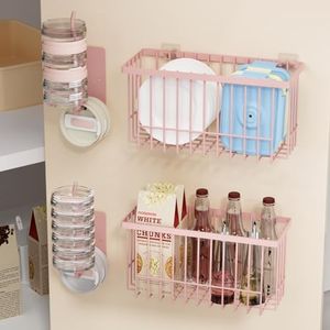 4 Pack Adhesive Cabinet Door Organizer - Tumbler Lid Organizer & Kitchen Storage baskets for Kitchen, Bathroom, Inside Cabinet Door Storage for Cup Lids, Spices, Small Supplies, Space-Saving (Pink)